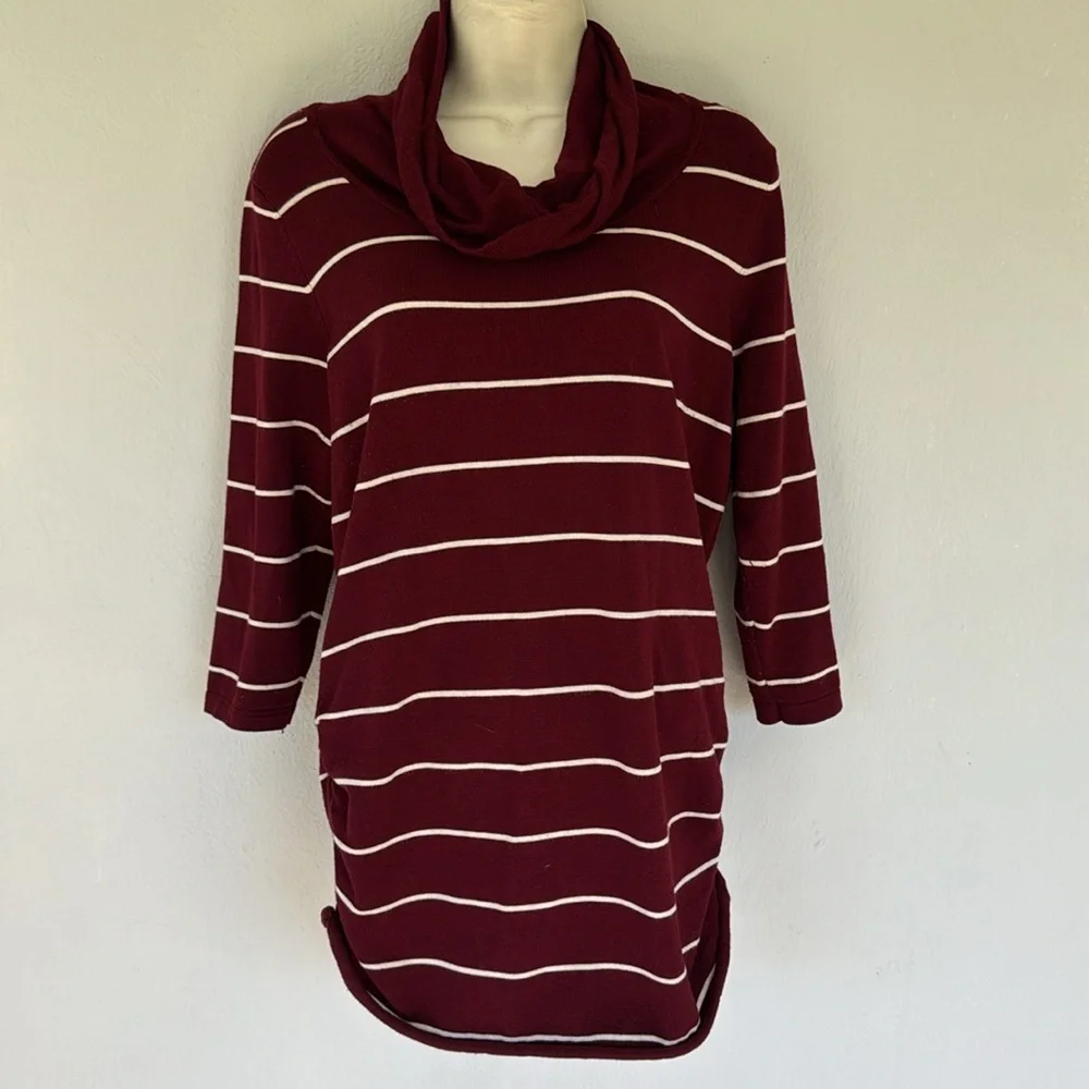 Pink Rose maroon white stripe cowl neck 3/4 sleeve long tunic sweater size large